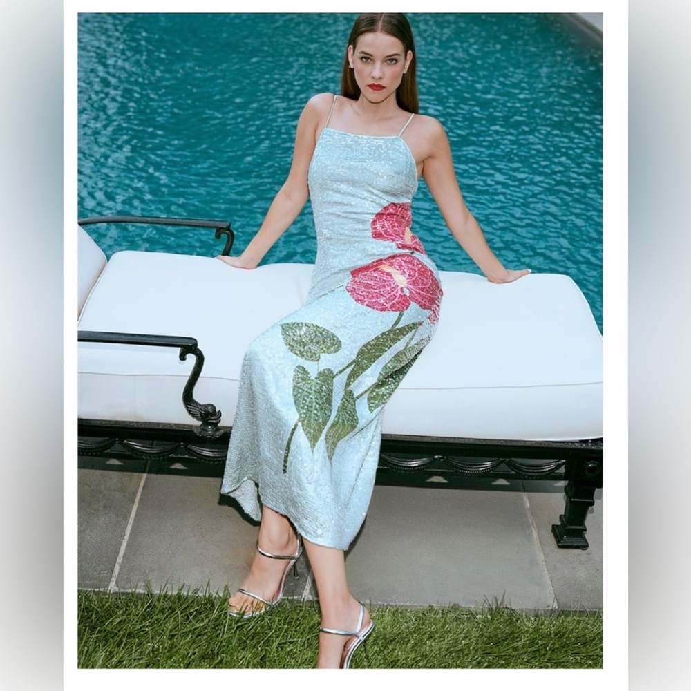 NWT Anthropologie Farm Rio Blue Anthurium Sequin Dress 🌺 SOLD OUT Retail: $360